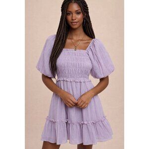 Anniewear Smocked Puff Sleeve Tiered Mini Dress Lavender   XL
